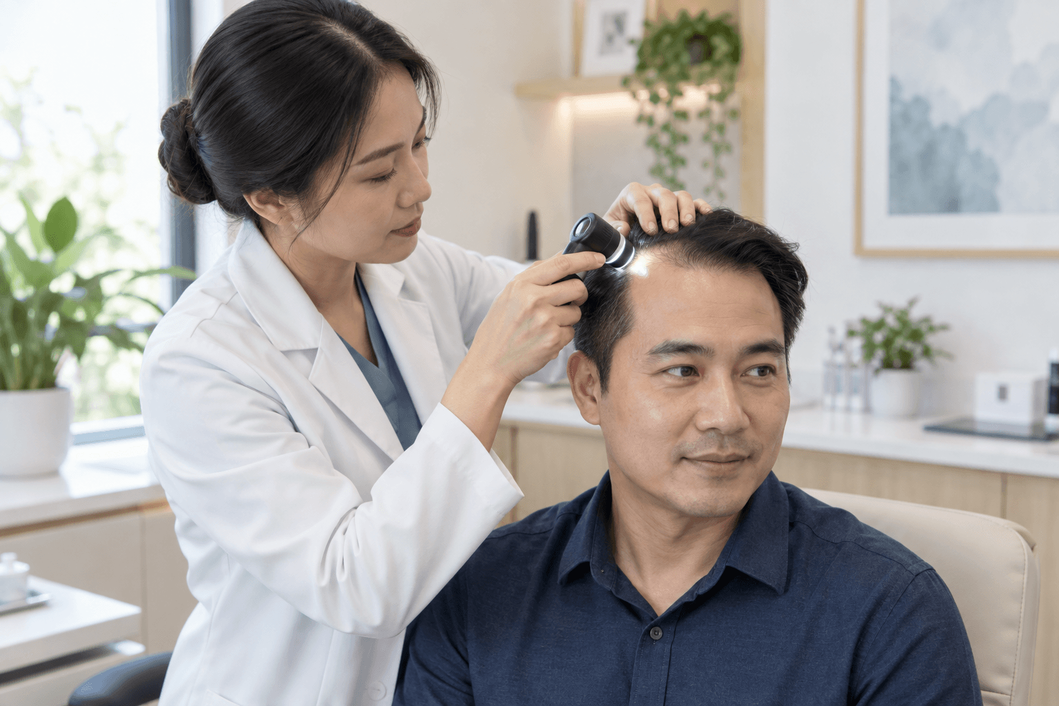 Hair restoration specialist assessing a patient in Vietnam