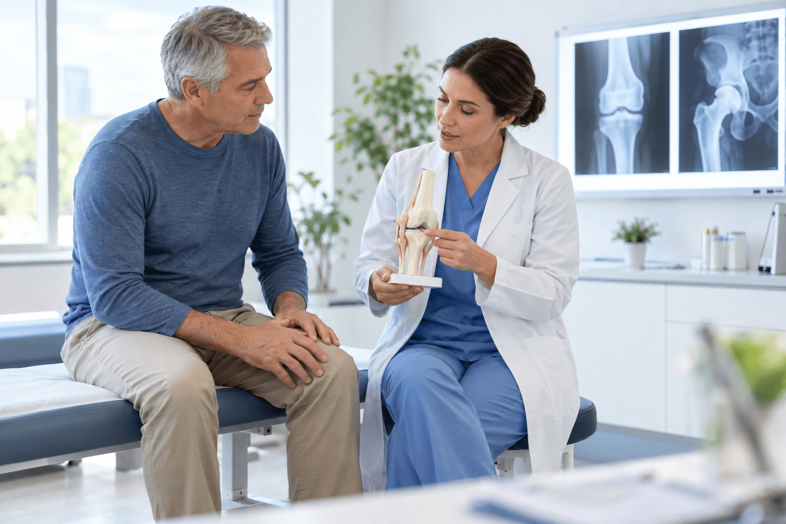 Orthopaedic specialist explaining knee treatment to a patient