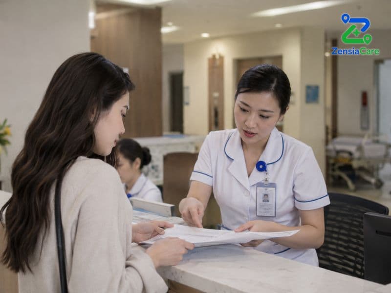 Patient checking information at a licensed hospital in Vietnam