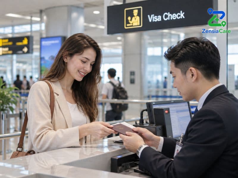 International traveler completing a visa check at a Vietnam airport