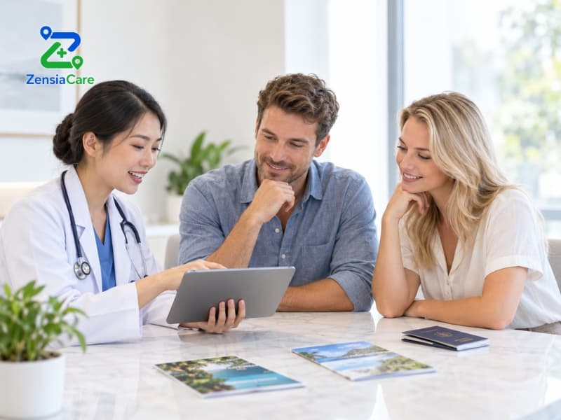 International patients consulting a doctor about medical tourism and treatment options in Vietnam and Thailand